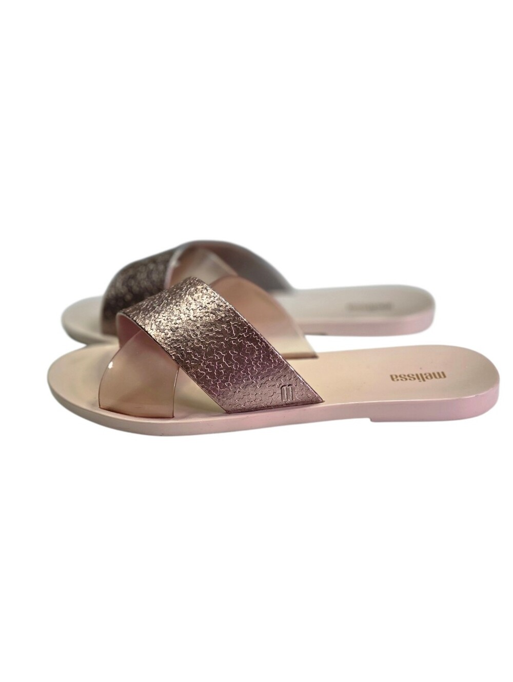 Melissa Blush/Pink/Rose Gold Criss Cross Flat Sandals Good Time Slides Size 7